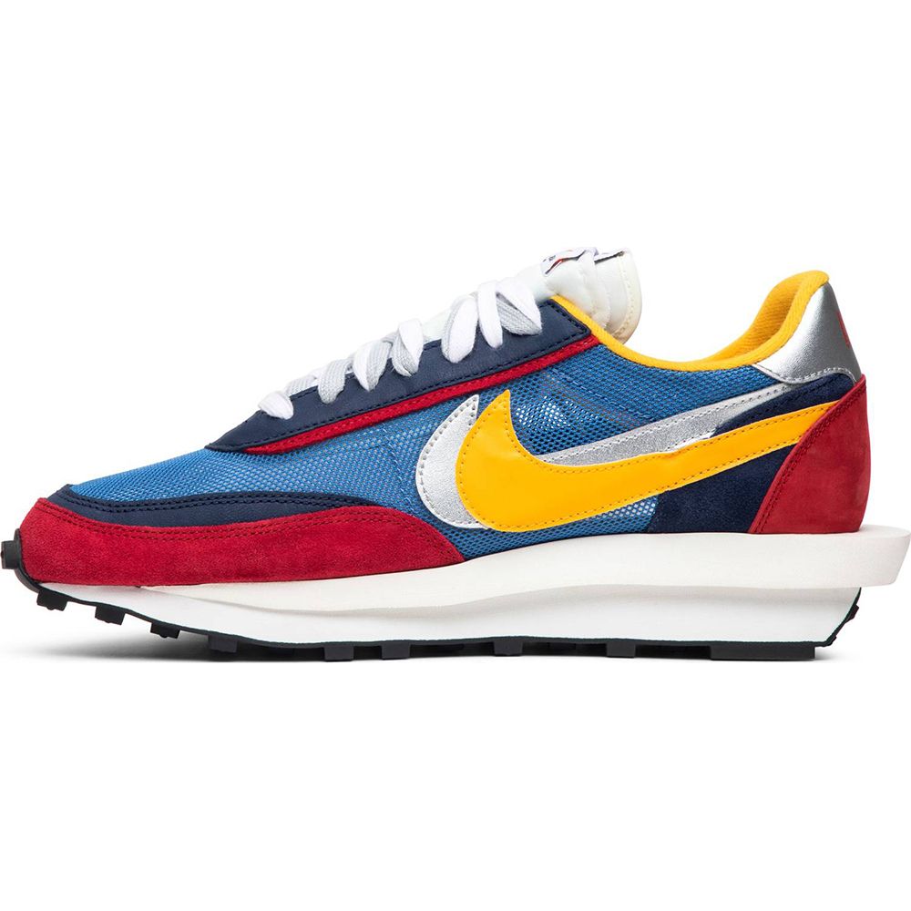 Nike Waffle Daybreak x Sacai, синий с бордовым и желтым, текстиль, сетка, замша, мужские