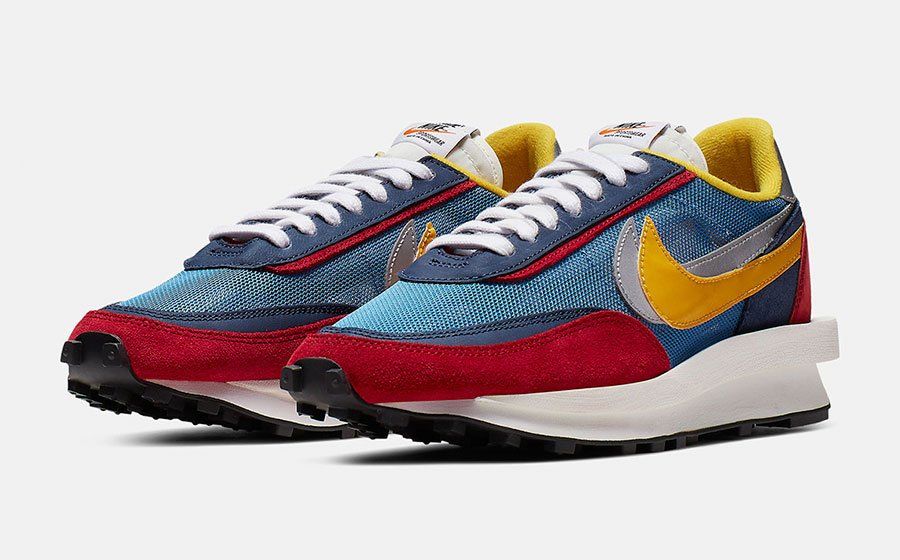 Nike Waffle Daybreak x Sacai, синий с бордовым и желтым, текстиль, сетка, замша, мужские