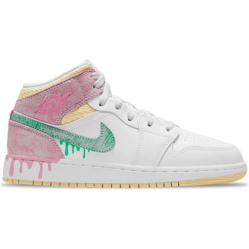 Nike Air Jordan 1 Mid GS Paint Drip, белый с розовым, кожа, женские